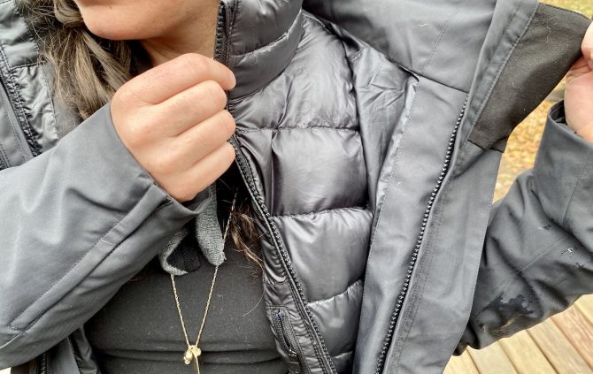 Close-up of the Patagonia Tres 3-in-1 Parka showing the quilted inner liner zipped into the outer shell.