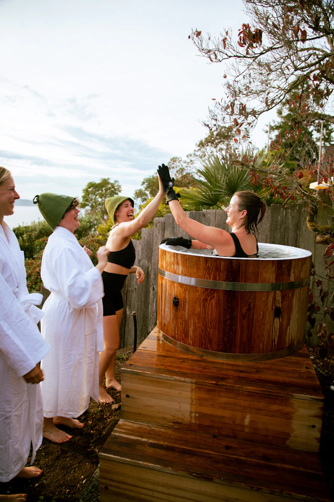 An outdoor Alaskan cold plunge tub system with plumbing and external housing.