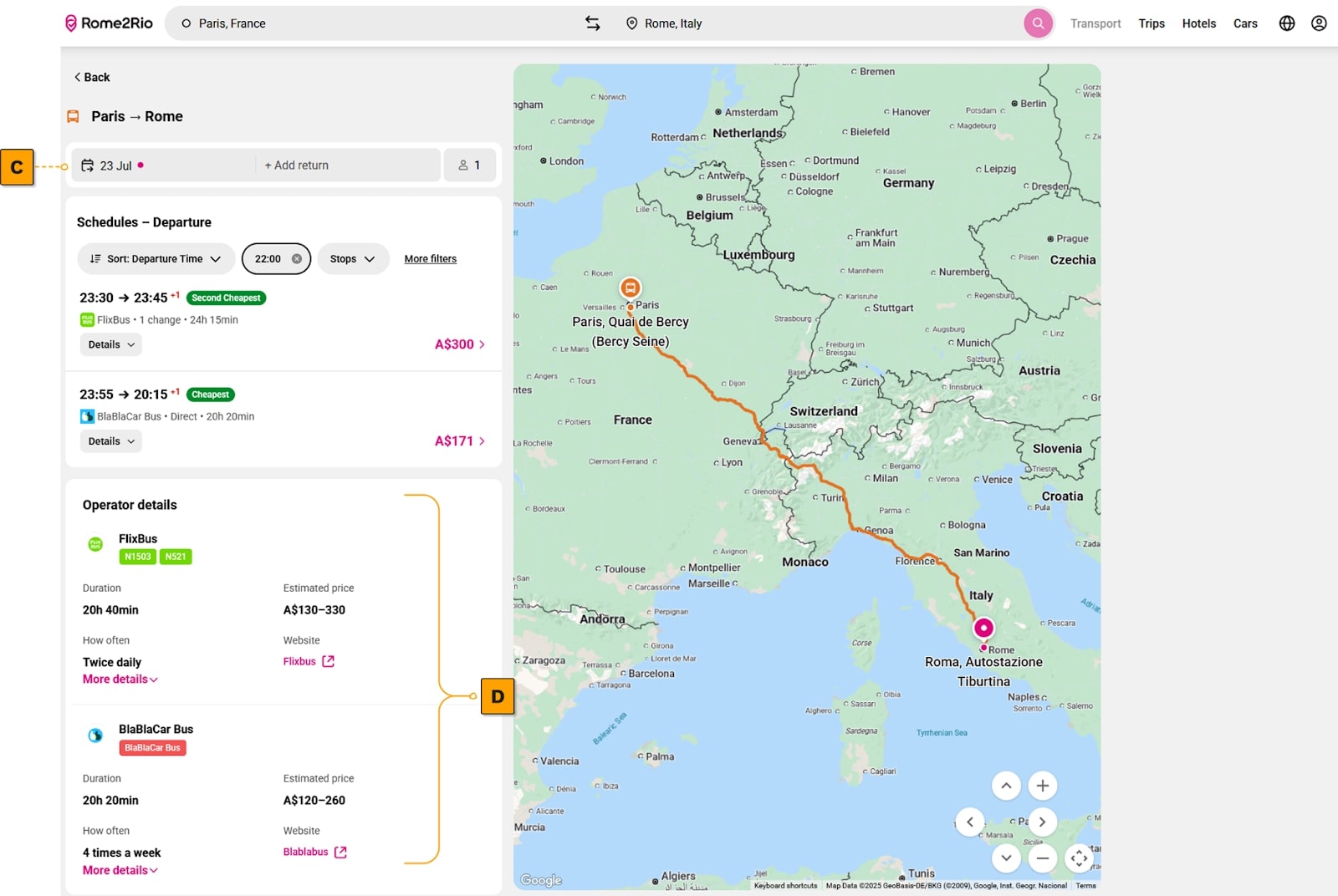 Interface of the Rome2Rio app showing various transport methods including trains, buses, and flights.