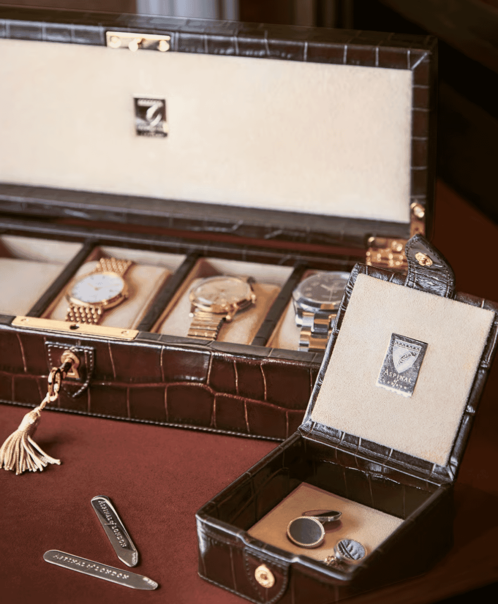Aspinal of London luxury leather watch and cufflink storage boxes.