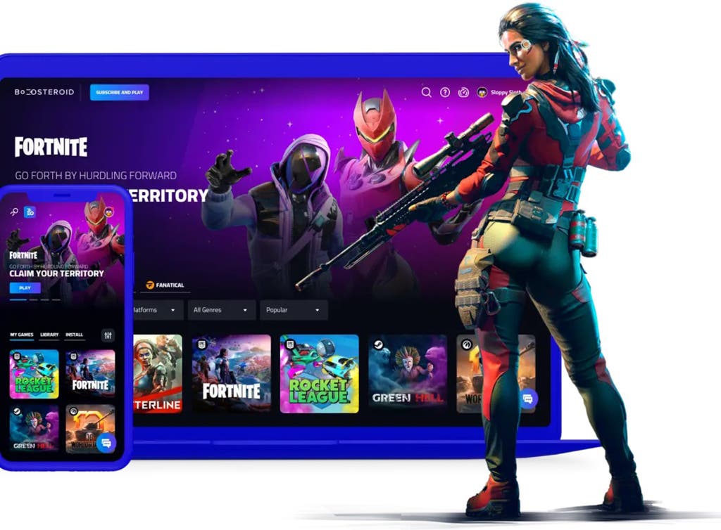 Video game character next to screens displaying the Boosteroid Ultra homepage.