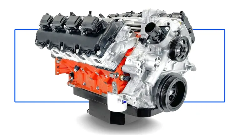 The bottom-end assembly of a HEMI V8 engine, known as a short block, without heads or intake.
