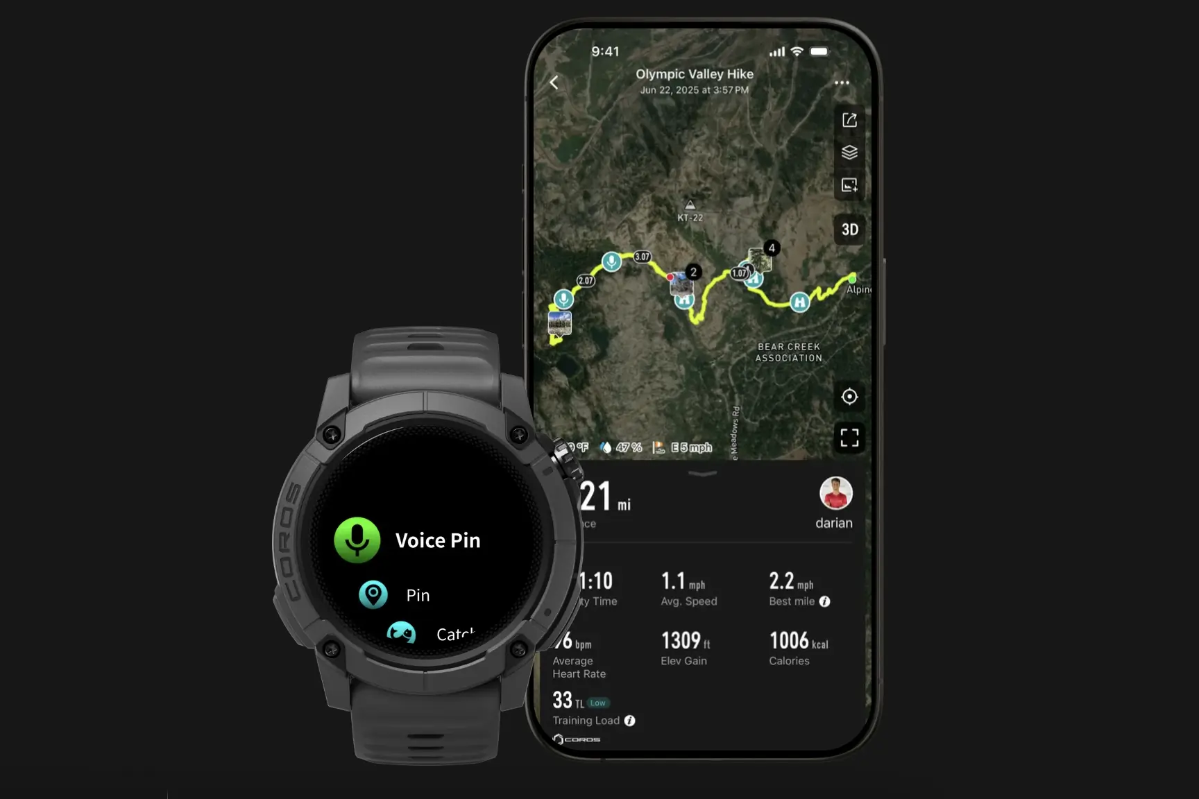 The COROS mobile app interface showing the Adventure Journaling feature with a map and voice notes.