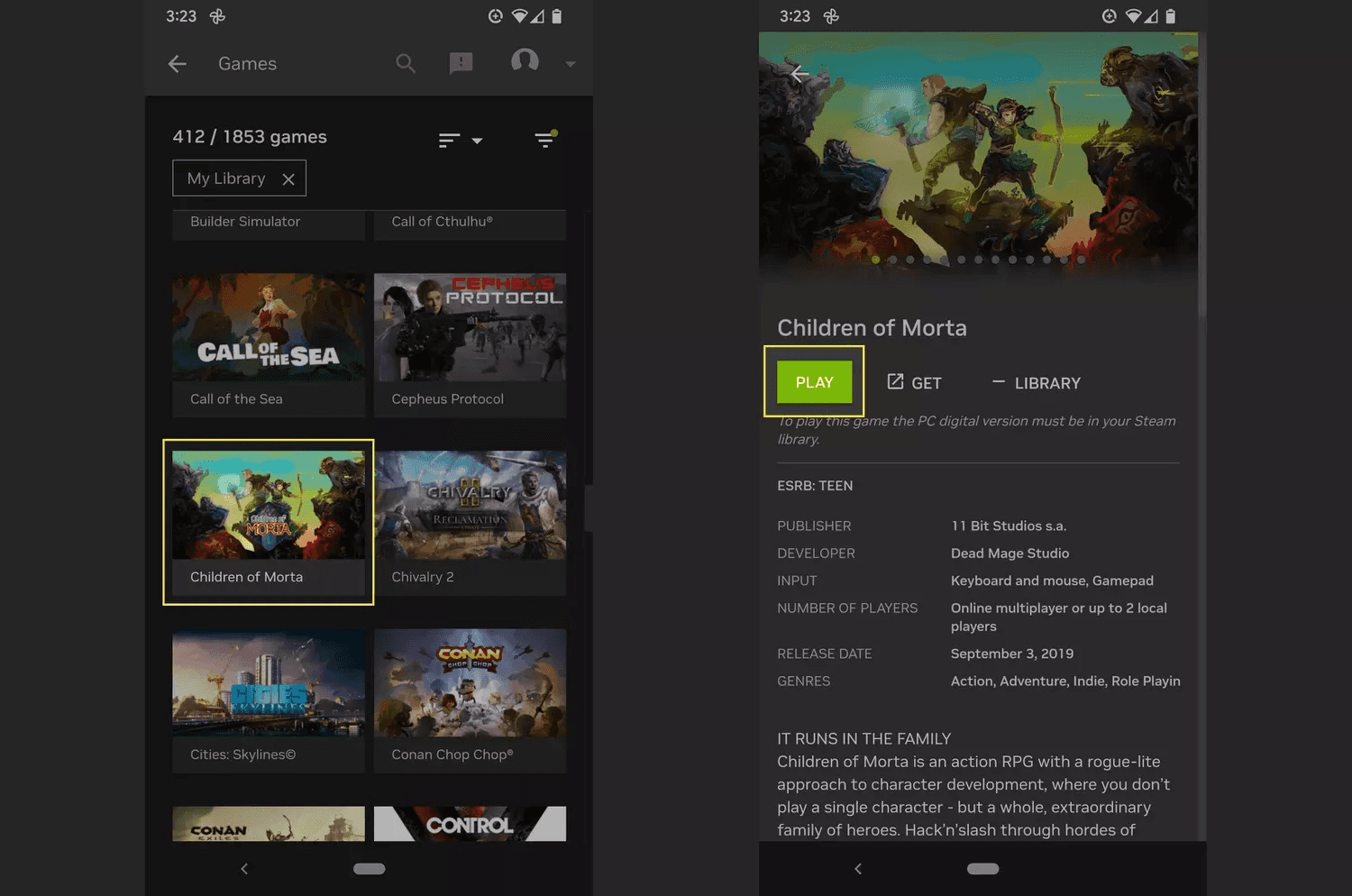 A person playing a PC game on a smartphone via a cloud streaming service.