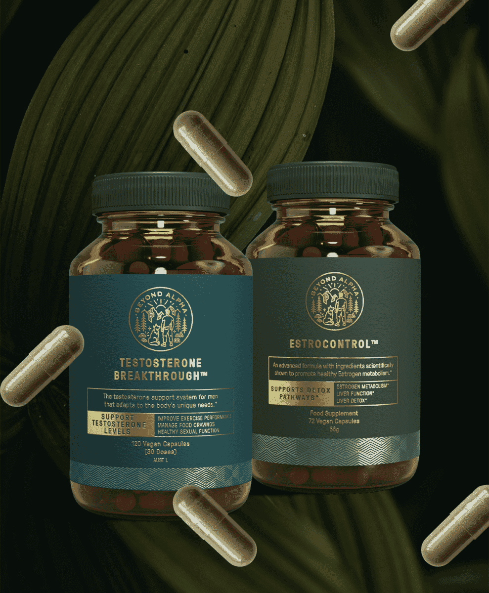 The full Beyond Alpha supplement stack displayed on a dark background with lush green leaves.