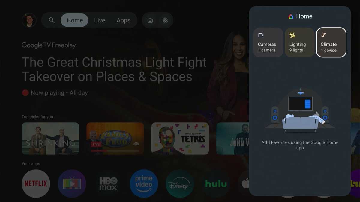 A Google Home smart home control panel displayed on a TV screen showing connected lights and devices.