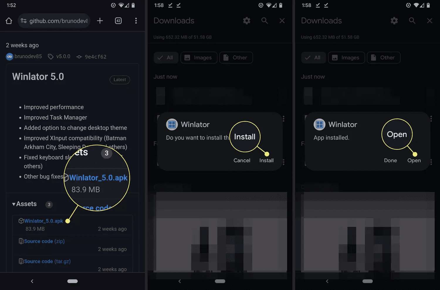 Screenshot of the Winlator emulator setup screen on an Android device.