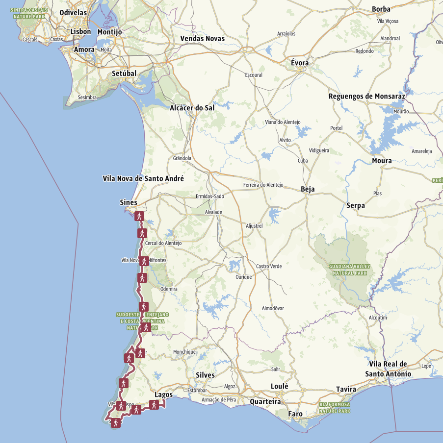 Graphic map showing the route of the Fisherman's Trail along the southwest coast of Portugal.