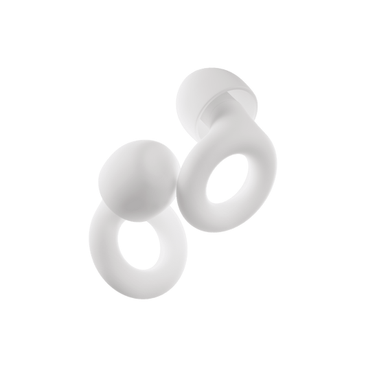 Close-up of the white Loop Quiet 2 earplugs made of soft silicone.