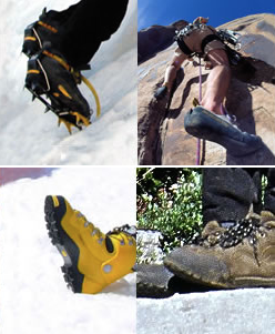 A comparative lineup of different types of mountain footwear ranging from climbing shoes to mountaineering boots.
