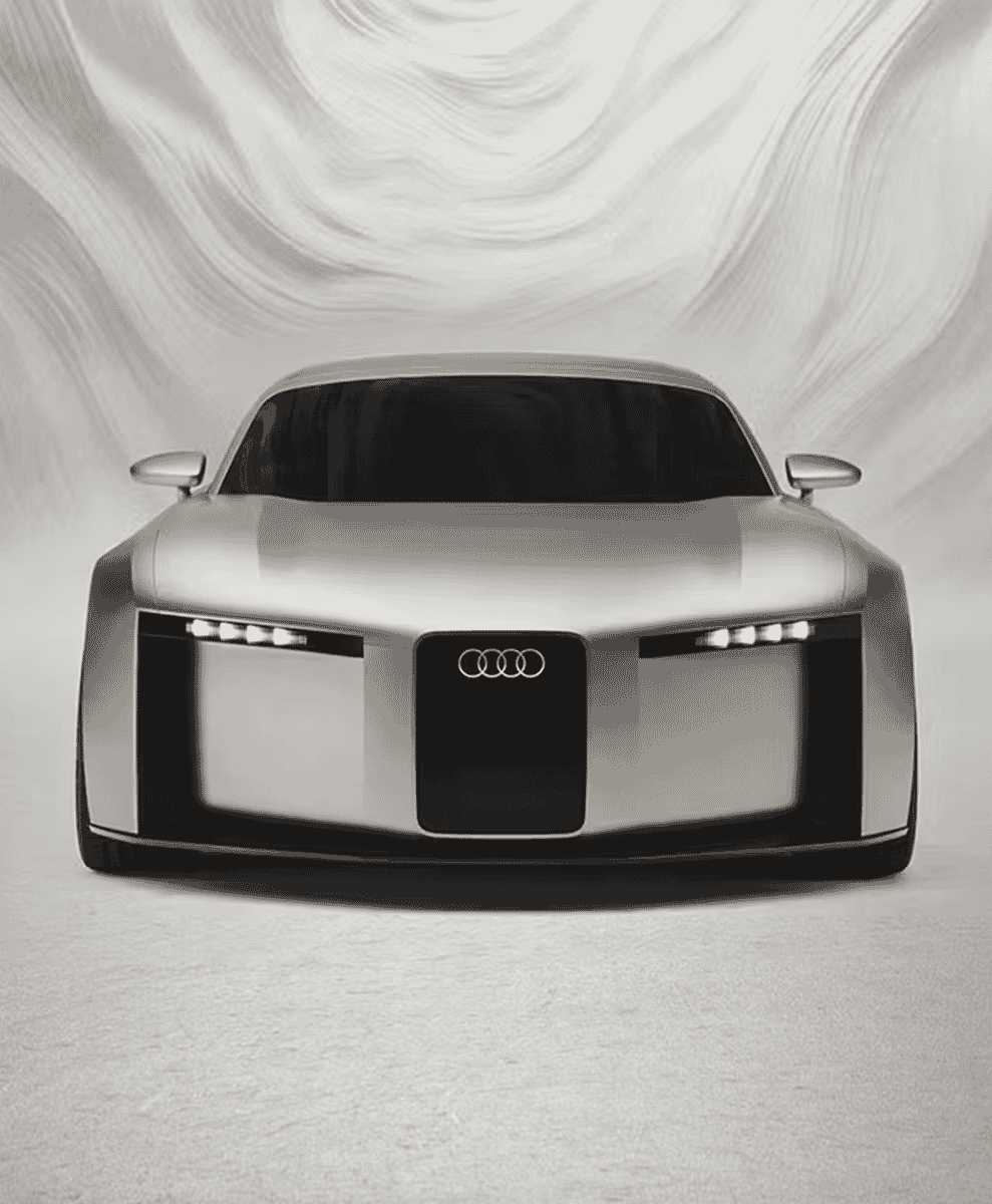 Front view of a futuristic Audi concept car highlighting the LED headlights and blanked-out grille.