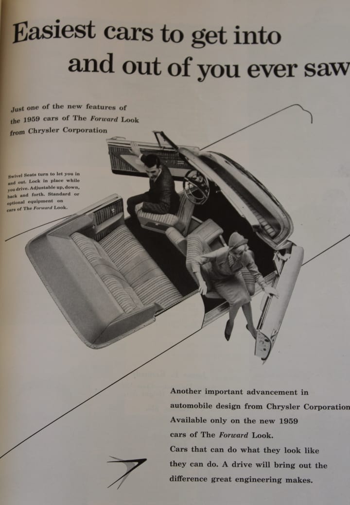 An advertisement focusing on the innovative swivel seat feature of a 1959 De Soto.
