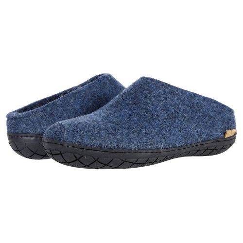 Profile view of a Glerups wool slipper showing the thick natural rubber outsole.