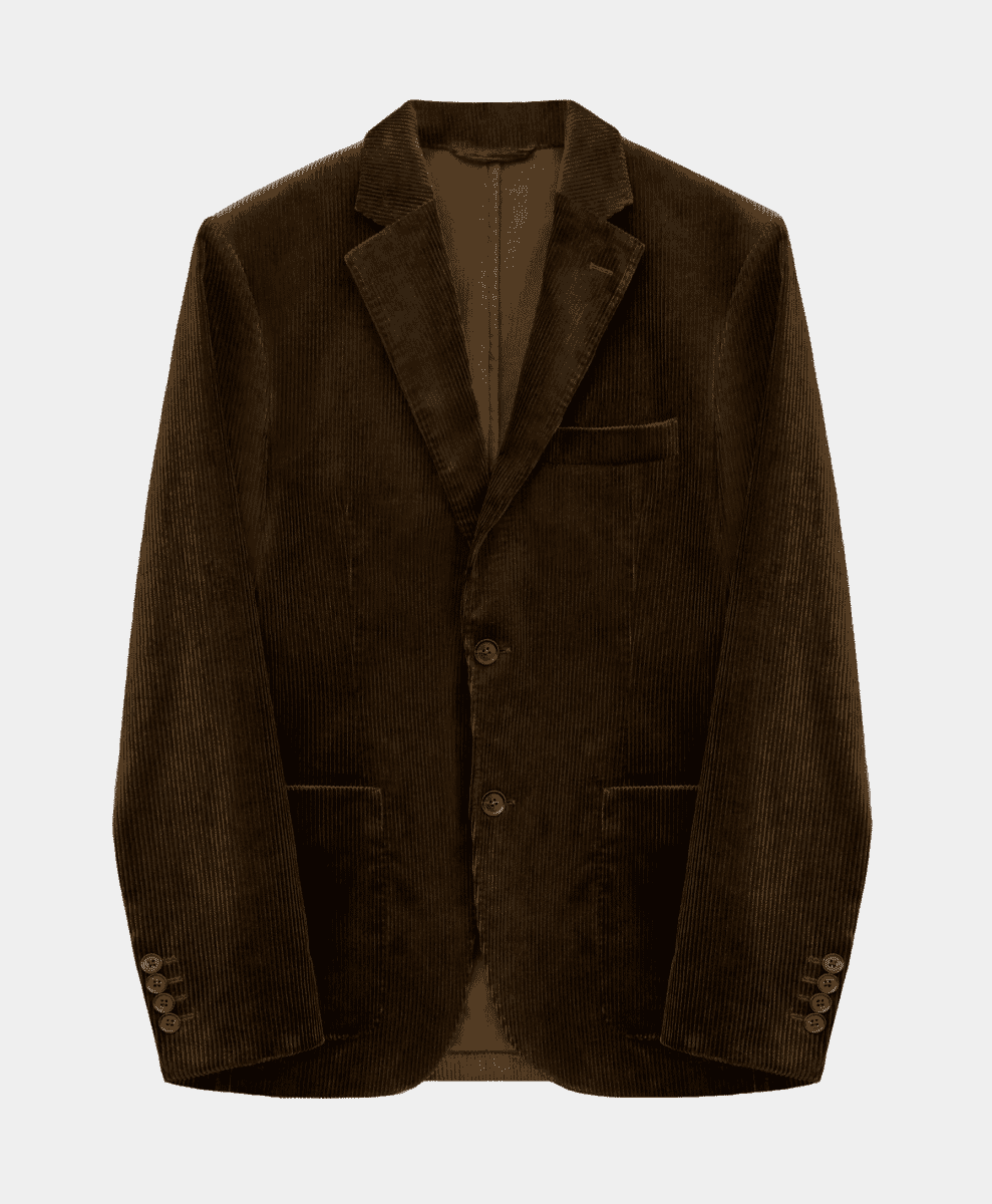 Classic brown corduroy blazer with notched lapels and flap pockets.