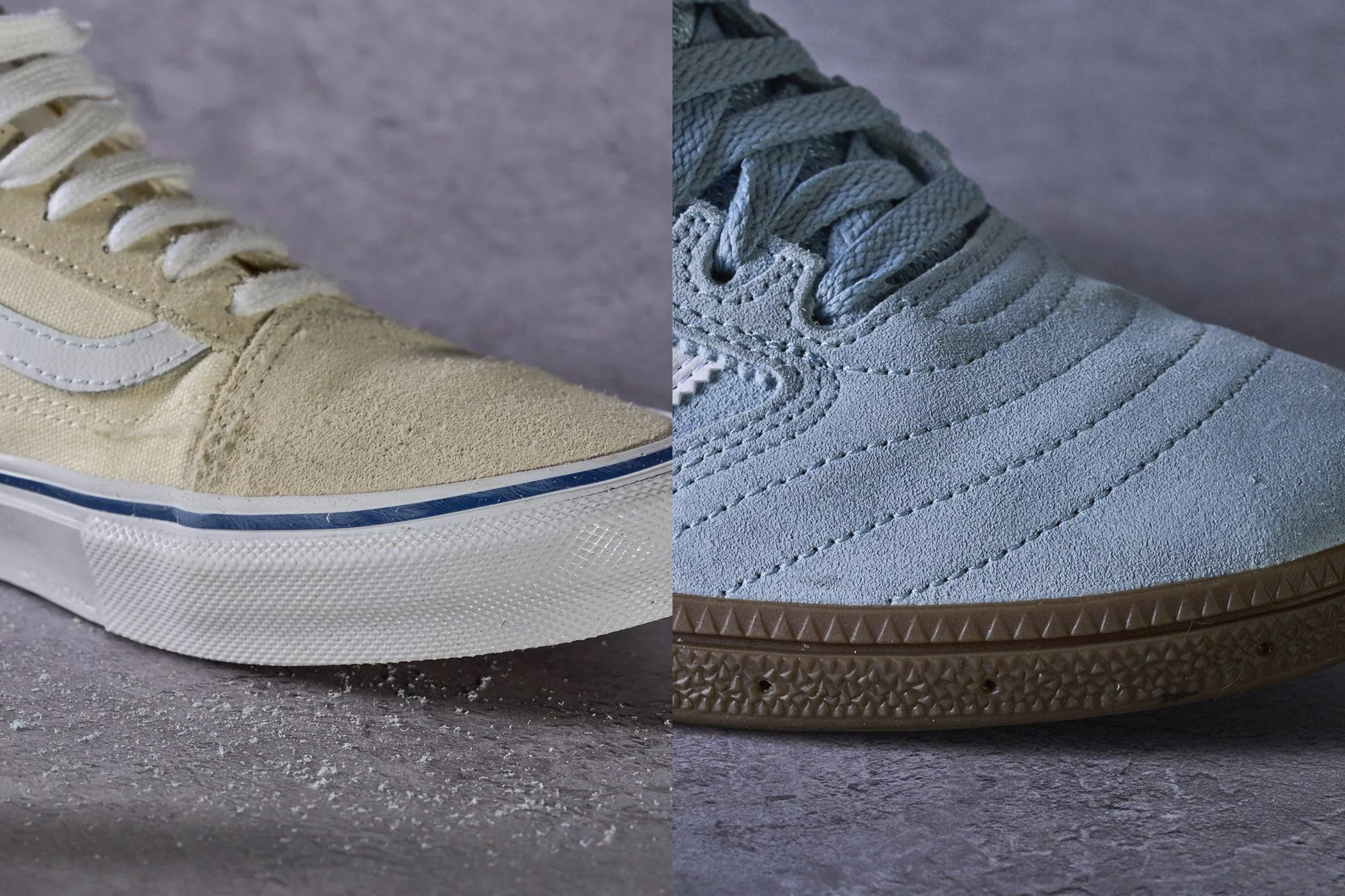 A diagram showing the cross-section differences between vulcanized and cupsole skate shoe construction.