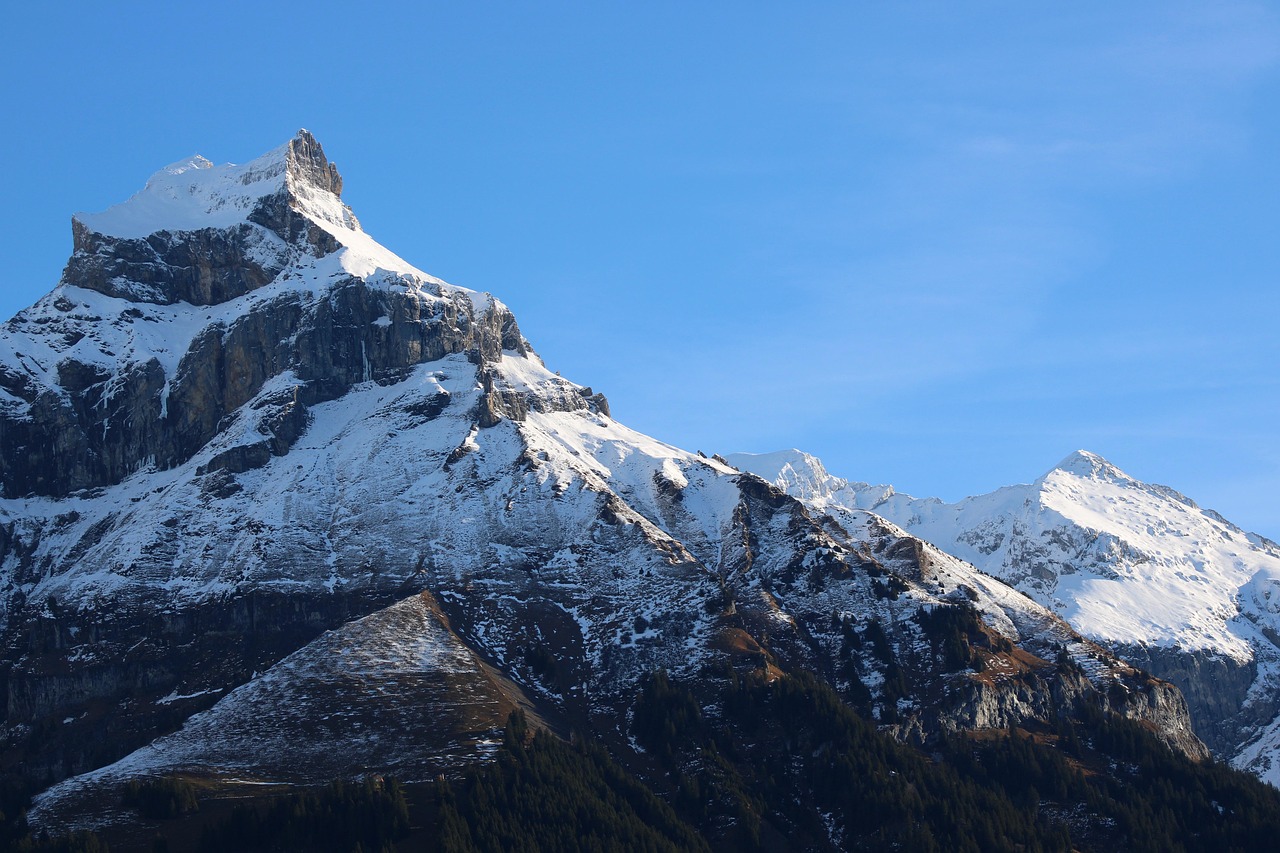 Panoramic view of snow-covered peaks in the Swiss Alps under a clear blue sky.