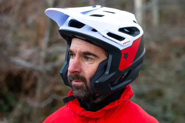 Fox Dropframe Pro helmet providing extended coverage around the ears and back of the head.