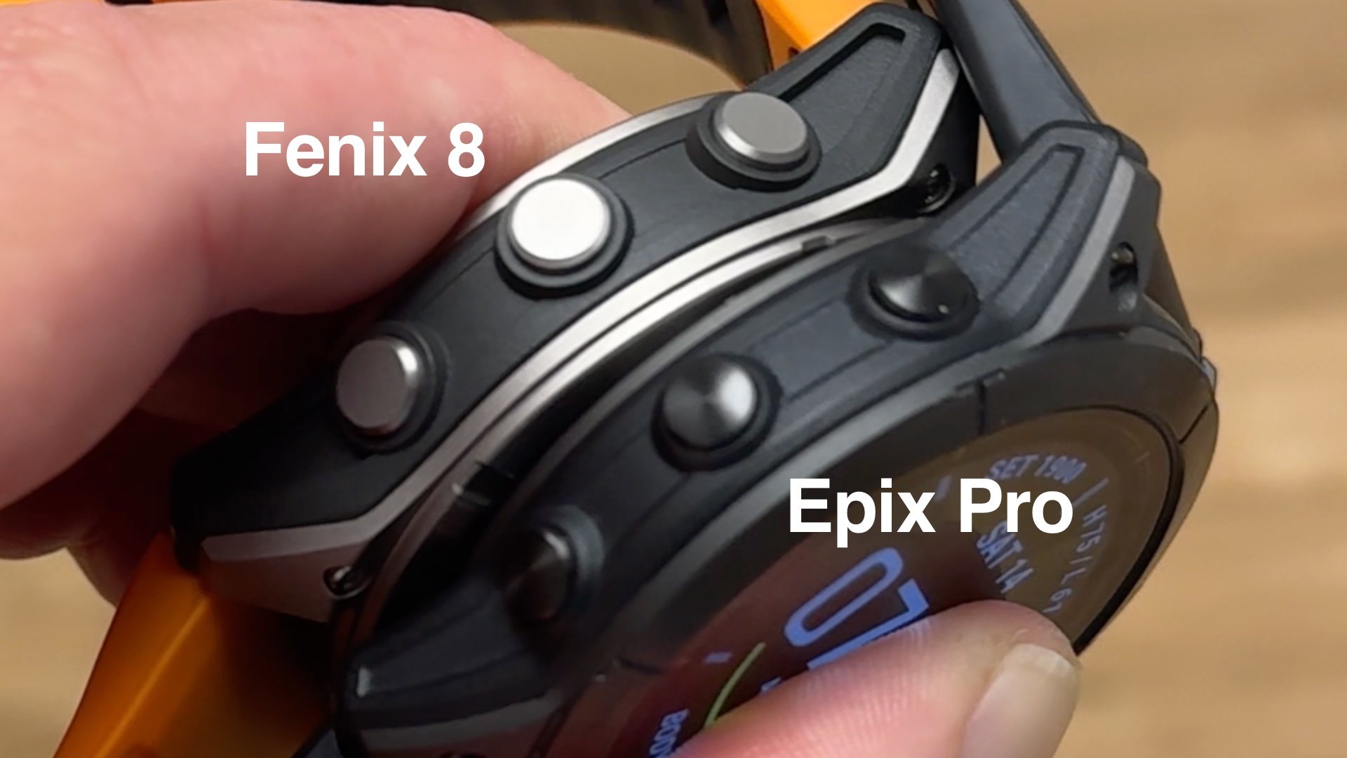 Macro view of the redesigned watertight physical buttons on the side of the Garmin fenix 8.