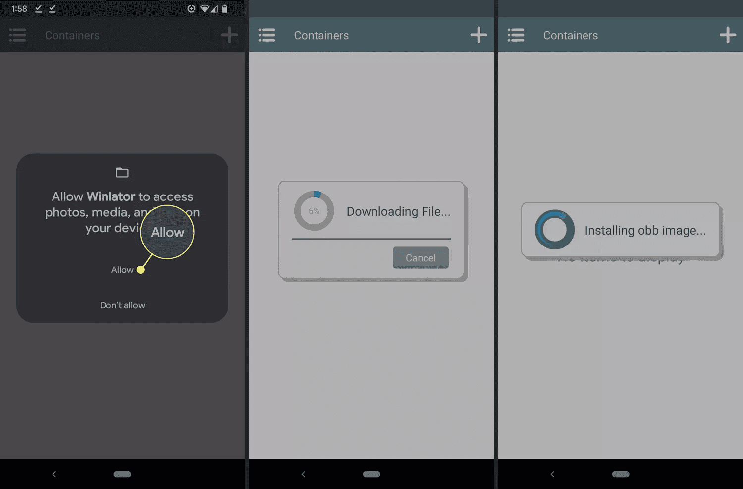 Mobile interface showing the installation of OBB expansion files for a PC emulator.