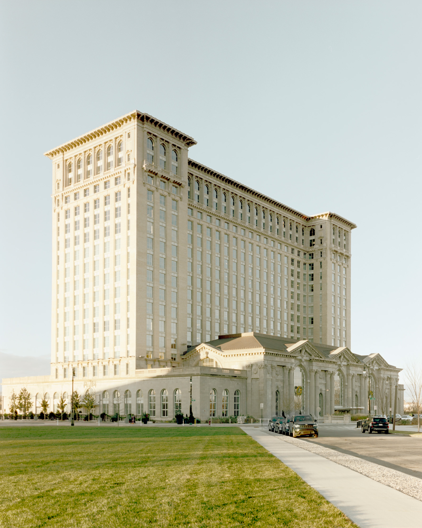 The transformed Michigan Central building in Detroit, a symbol of urban regeneration.